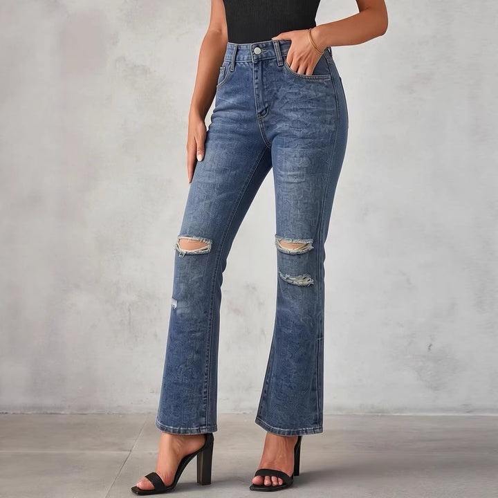 Women nan High-Waist flared jeans with distressed knee area and structured denim look Mune Fashion