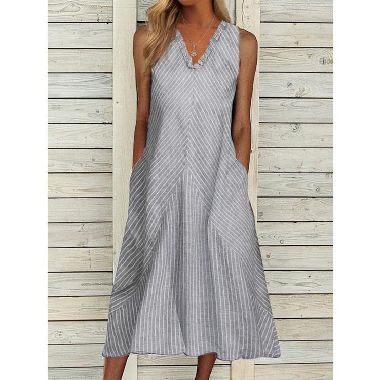 Women’s sleeveless A-line midi dress with ruffle V-neck, diagonal striped linen look and side pockets Mune Fashion
