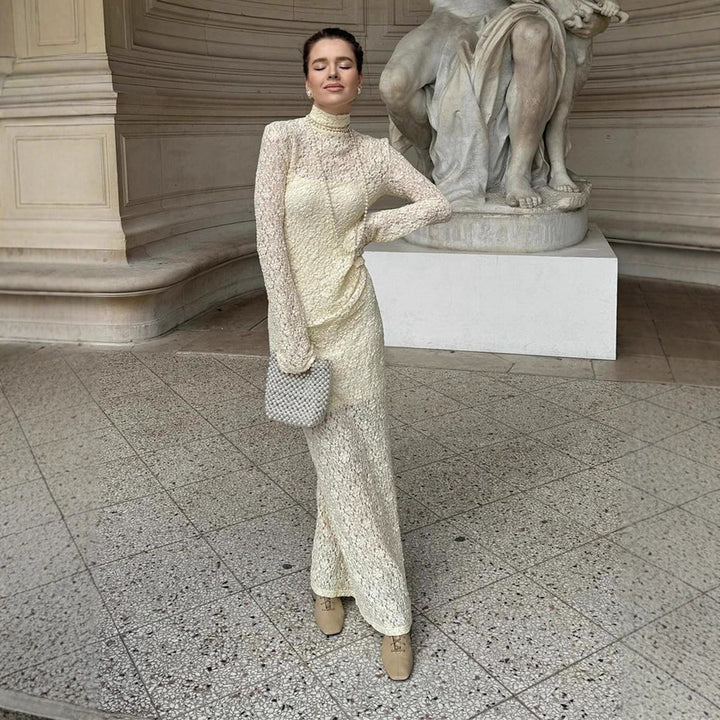 Women Elegant form-fitting Maxi dress made of lace with a stand-up collar and trumpet sleeves Mune Fashion