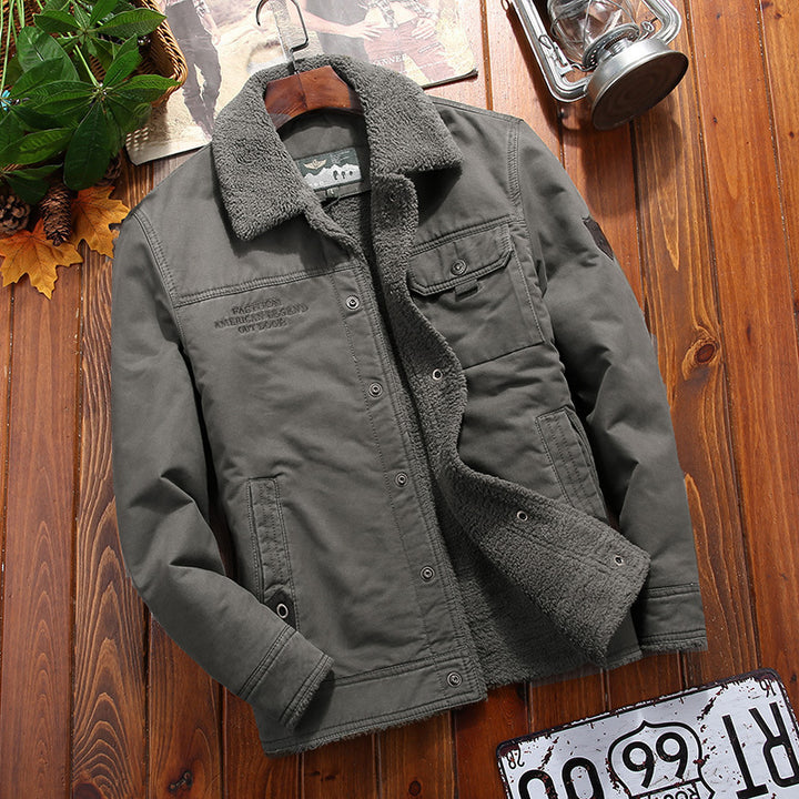 Men's robust canvas trucker jacket with full Sherpa lining and concealed snap button placket Mune Fashion