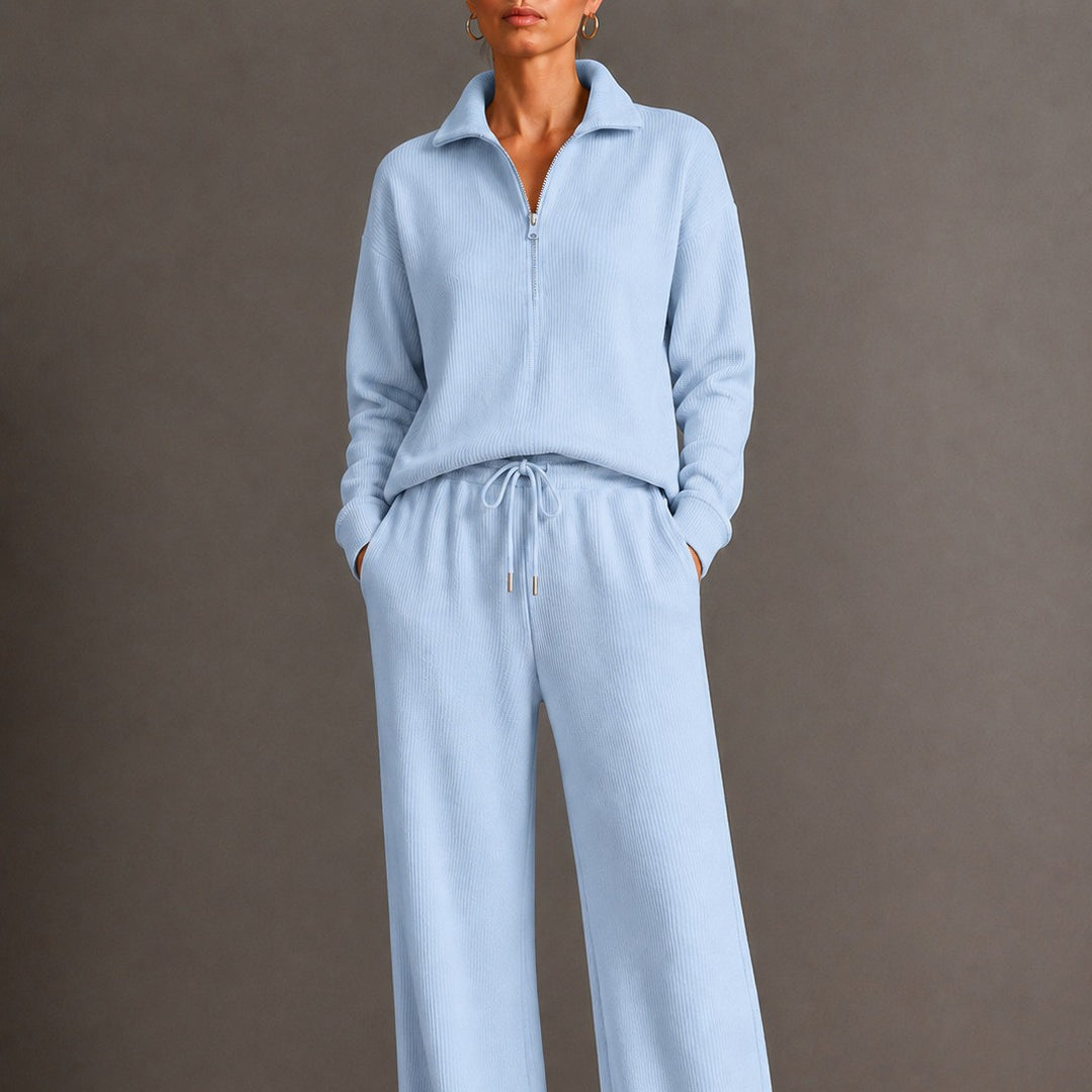 Women's cozy knit relax suit with half zipper, drawstring waistband, and wide leg Mune Fashion