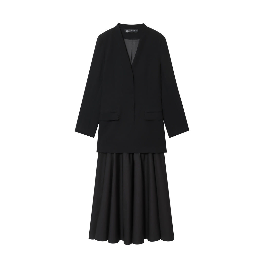 Women's uncollared long blazer with open front, flap pockets, and light stretch Mune Fashion
