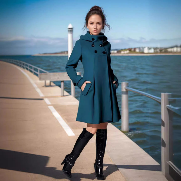 Women's A-line wool mix coat with high hood and double-button placket Mune Fashion