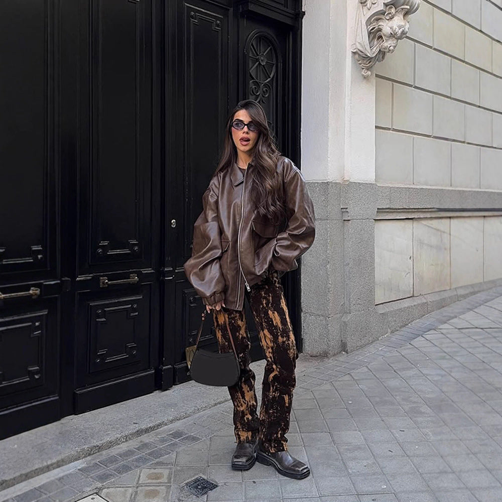 Women's Oversized Vegan Leather Bomber Jacket with Elastic Hem & Large Flap Pockets Mune Fashion