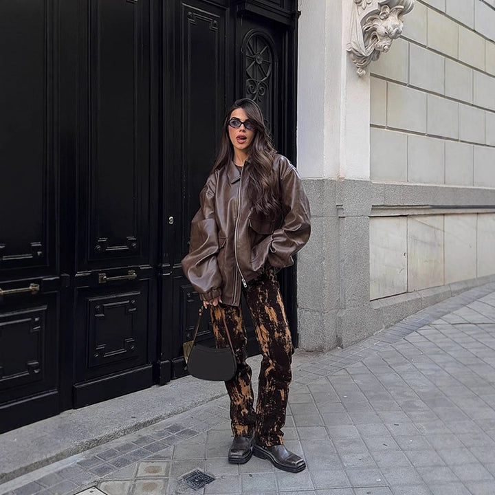 Women's Oversized Vegan Leather Bomber Jacket with Elastic Hem & Large Flap Pockets Mune Fashion
