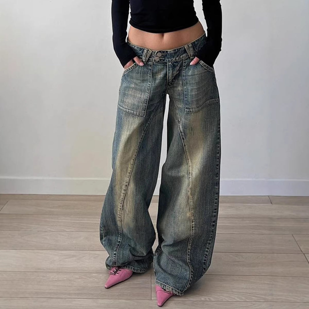 Women's low-rise baggy jeans with distinctive V-seam panels and patch front pockets Mune Fashion