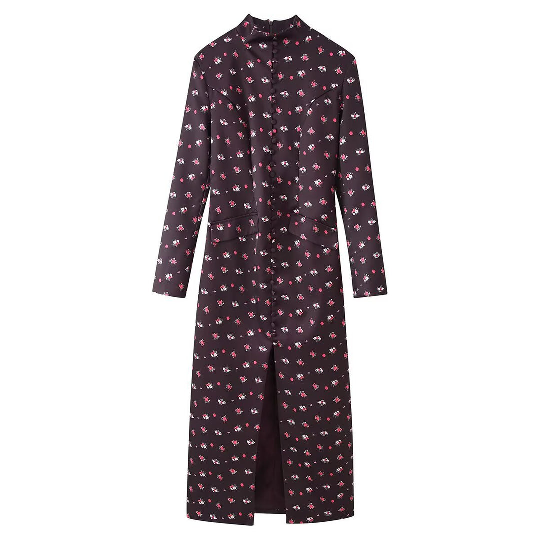 Ladies midi dress with stand-up collar, floral all-over print and concealed button placket Mune Fashion