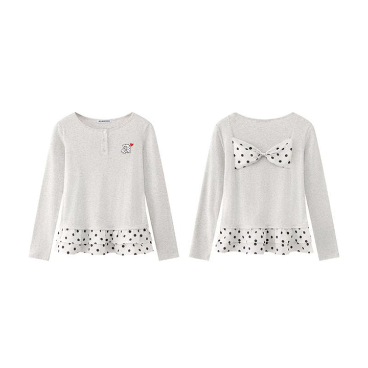 Women's Long Sleeve Henley Layering Top with Ruffle Underlay and Heart Patch Mune Fashion