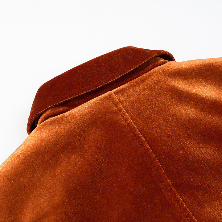 Women's short jacket in velvet look with shirt collar, applied flap pockets, and gold-colored decorative buttons Mune Fashion