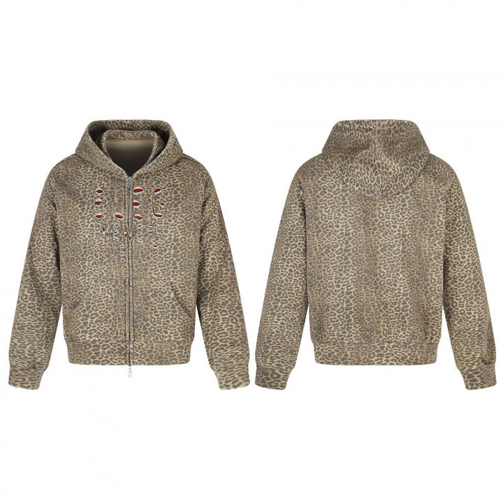 Unisex hooded jacket in all-over leopard with vintage effect, zipper and destroy embroidery Mune Fashion