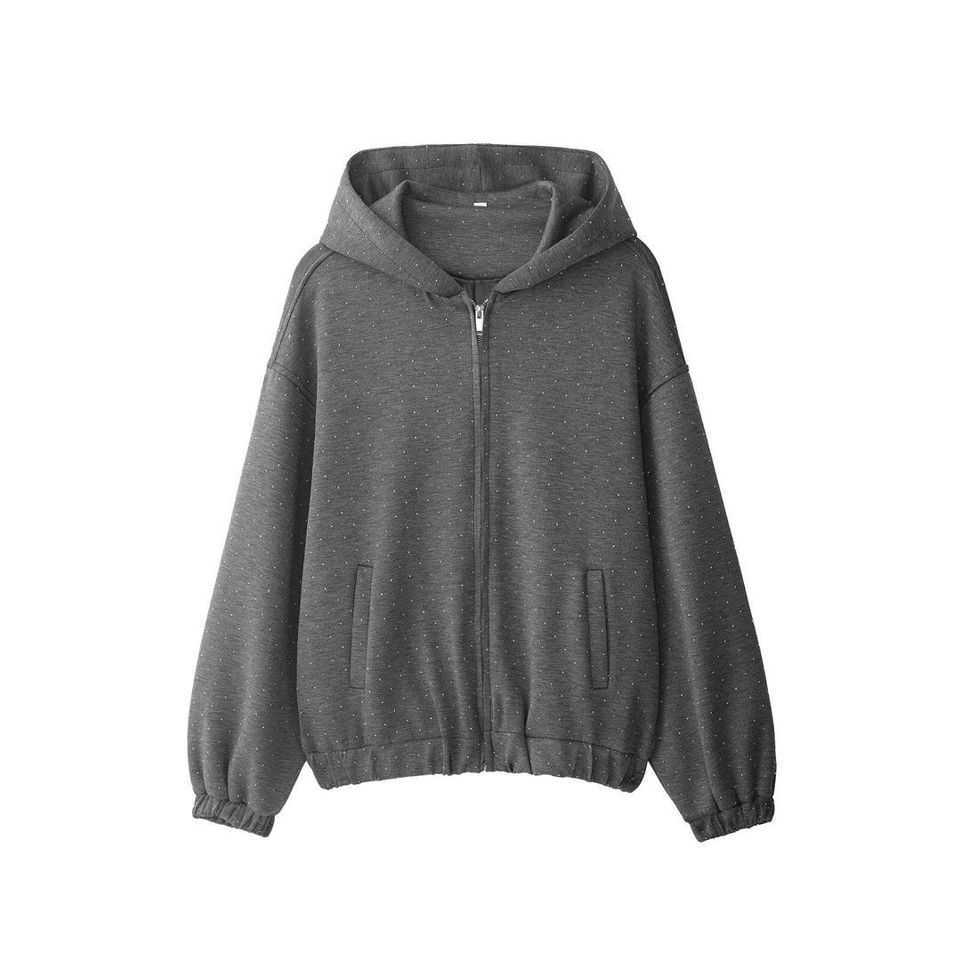 Women's Oversized Hoodie Jacket with Full Zip, Elastic Hem, and Subtle Dot Pattern Mune Fashion