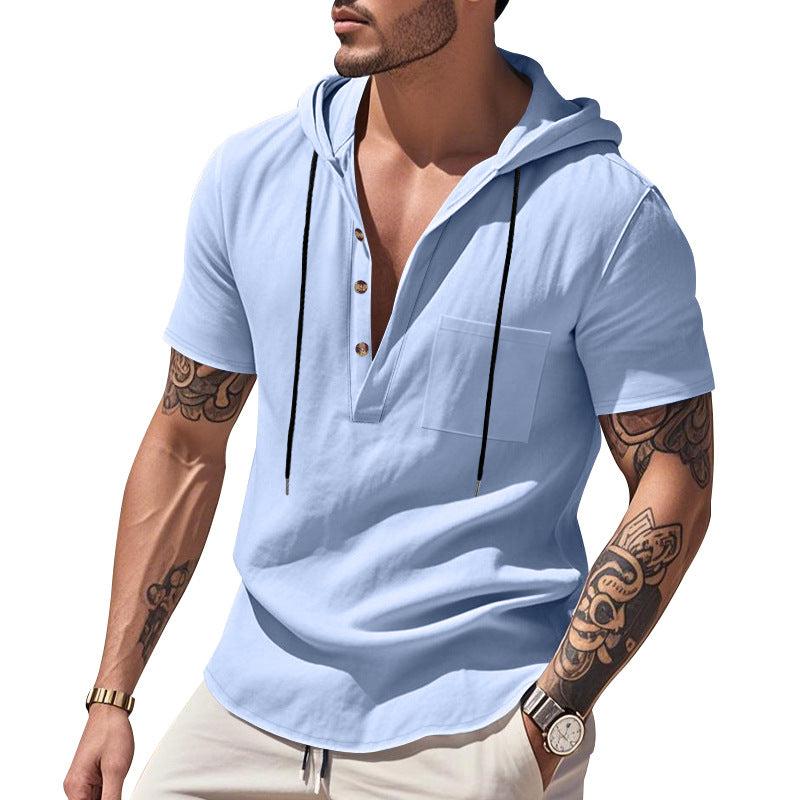 Men's lightweight short-sleeve hooded Henley made of single jersey with chest pocket and contrast drawstring Mune Fashion