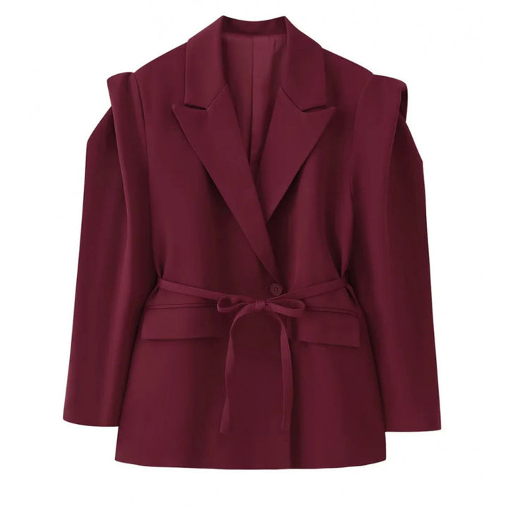 Women Tailored Blazer with Delicate Tie Waist, Emphasized Shoulder Area and Flap Pockets Mune Fashion