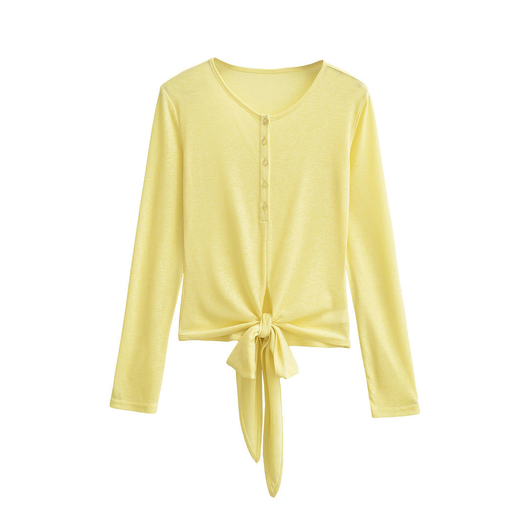 Women’s Long Sleeve Henley Top with Knot Front and Button Placket Mune Fashion