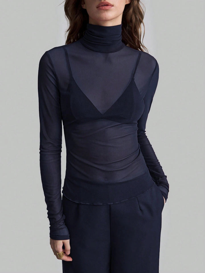 Women's fine transparent mesh long-sleeve top with turtleneck and fitted shape Mune Fashion