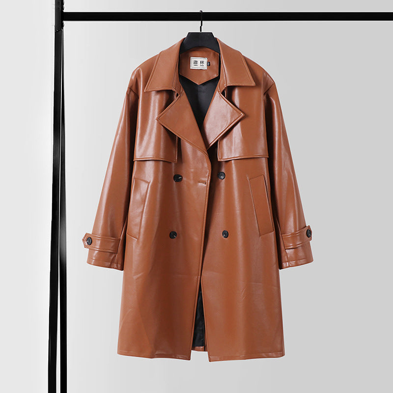 Men's Faux Leather Trench Coat with Double-Breasted, Oversized Cut and Cuff Straps Mune Fashion
