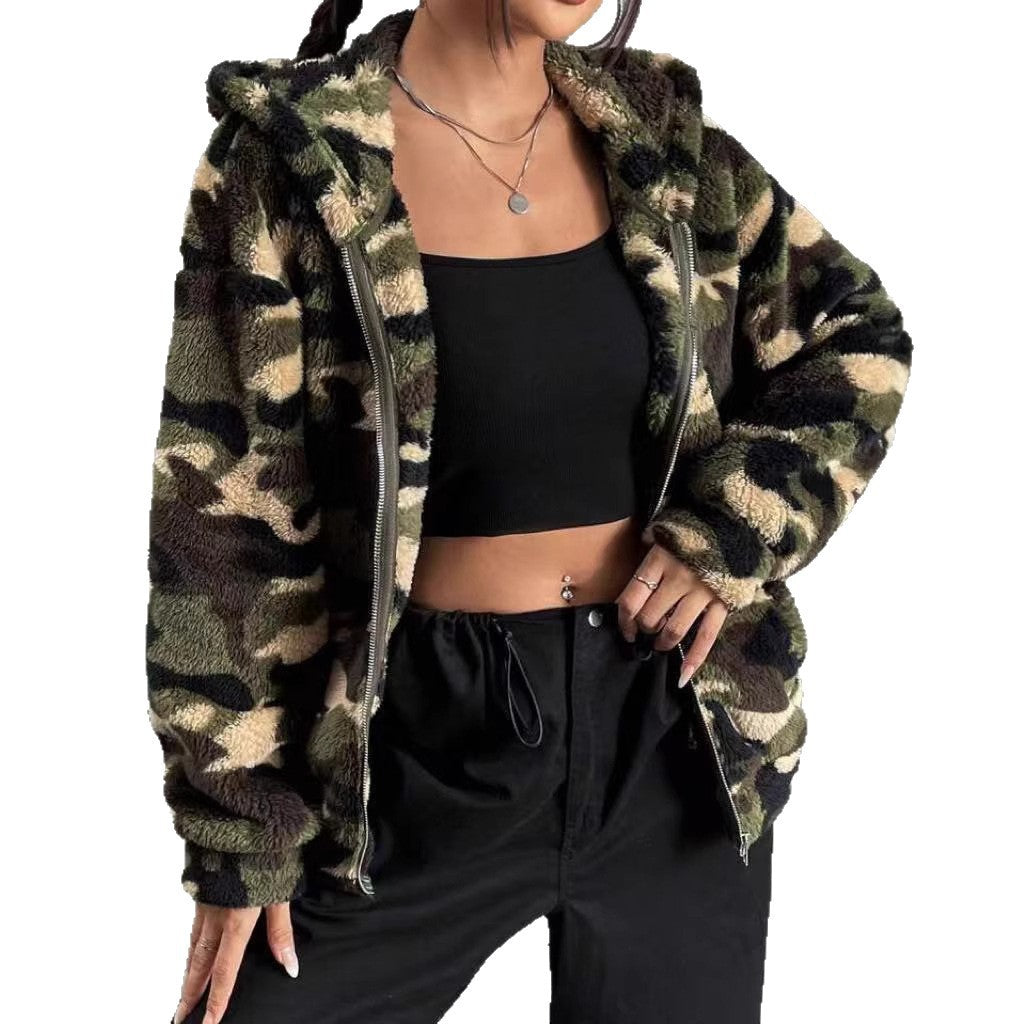 Women's Teddy-Fleece Hooded Jacket in Camouflage Look Mune Fashion