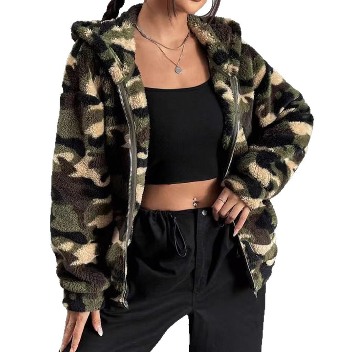 Women's Teddy-Fleece Hooded Jacket in Camouflage Look Mune Fashion