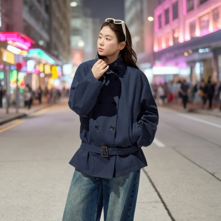 Ladies short trench coat with a flattering belt and double-breasted button placket Mune Fashion
