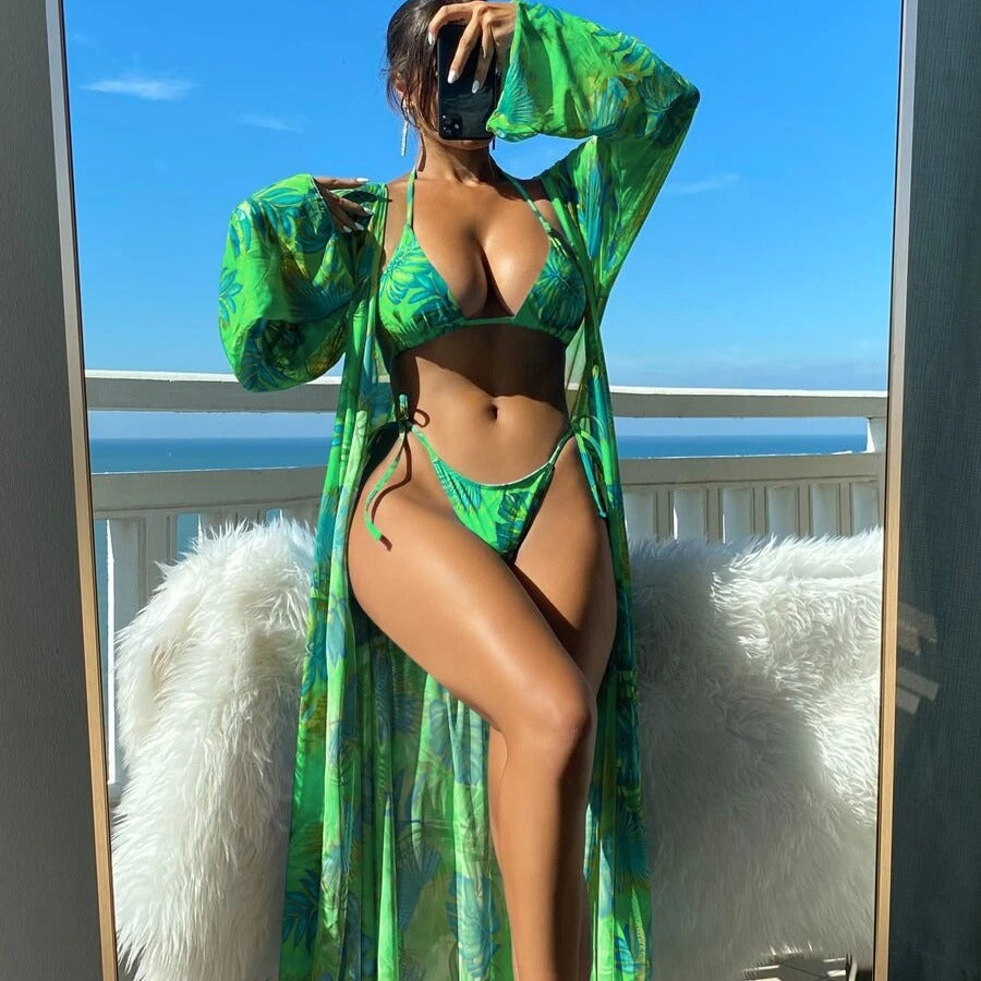 Women's Bikini Set with Transparent Kaftan and Floral Design Mune Fashion