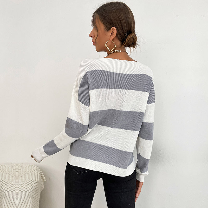 Women Light Oversized Knit Sweater with V-Neck and Wide Stripe Pattern Mune Fashion
