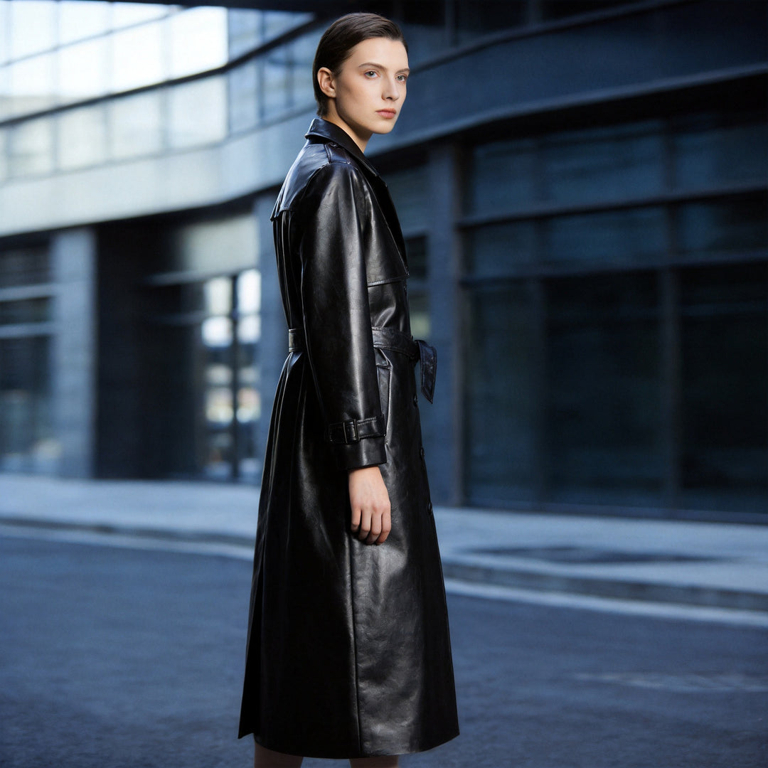 Women Longer Leather Look Trench Coat with Tailoring Tie Belt and Epaulettes Mune Fashion