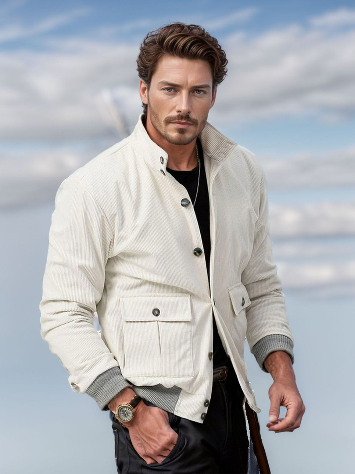 Men's Corduroy Field Jacket with Flap Pockets and Stand Collar Mune Fashion