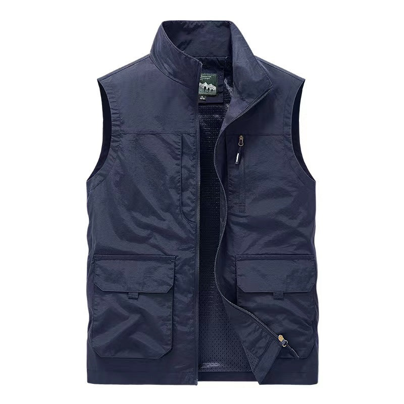 Men's Multifunctional Utility Vest with Stand-up Collar and Multiple Pockets Mune Fashion