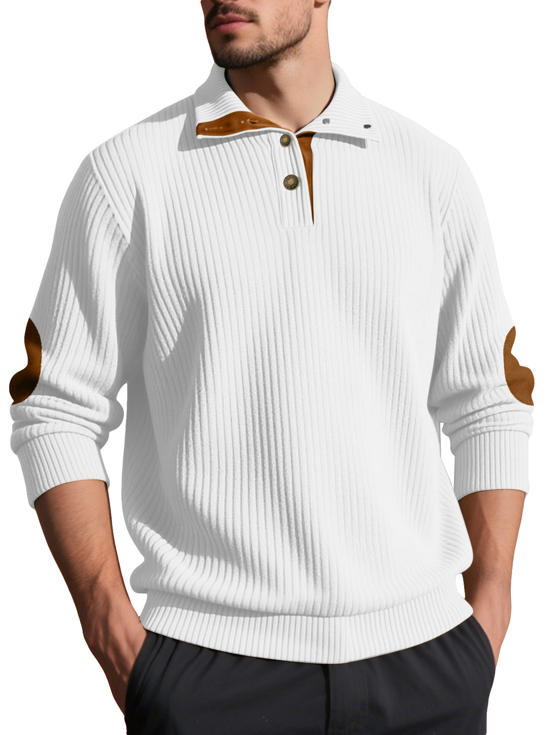 Men's ribbed half-button pullover with Kent collar and leather trim Mune Fashion