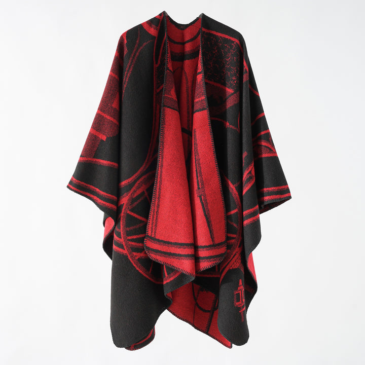 Women Wool Blend Reversible Cape with Graphic Jacquard and Open Kimono Fall Mune Fashion