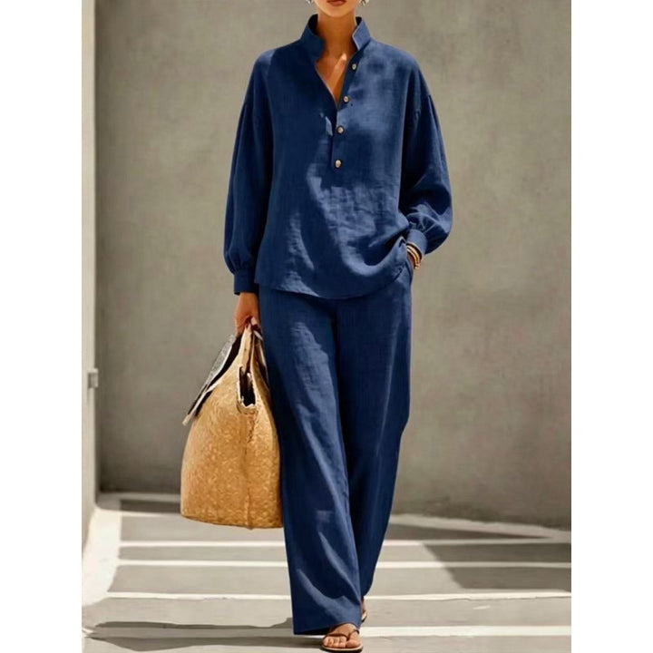 Women's Light Linen Look Two-Piece Set with Stand Collar Henley Blouse and Wide Palazzo Pants Mune Fashion