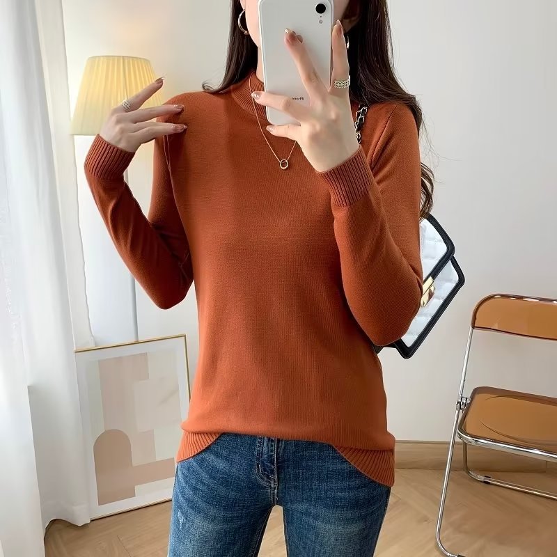 Ladies Fine Long Sleeve Fine Knit Sweater with Narrow Stand-Up Collar and Ribbed Cuffs Mune Fashion