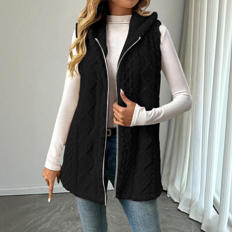 Women's Hooded Teddy Vest with Zipper and Structured Knit Look Mune Fashion