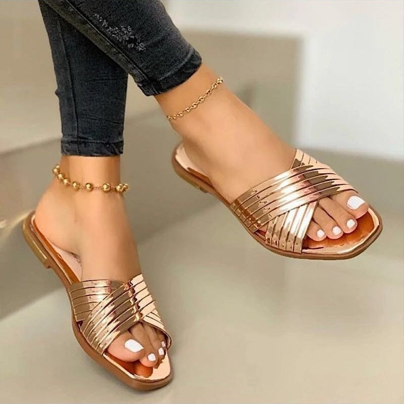 Women's Braided Metallic Slippers with Crossed Straps and Flat Comfort Sole Mune Fashion