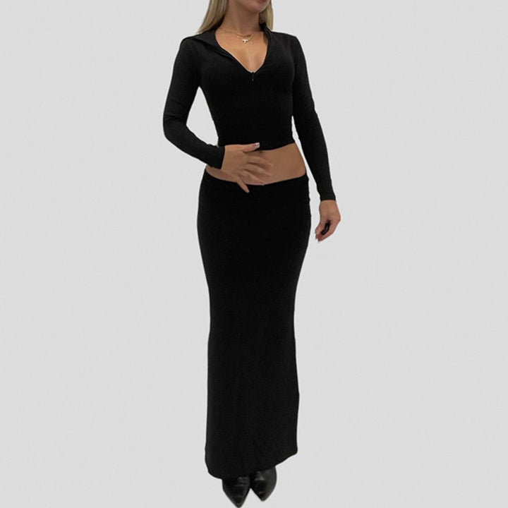 Women's Two-Piece Midriff Set made of Stretch Jersey with V-Neck Crop Top and Waist-Defining Maxi Skirt Mune Fashion