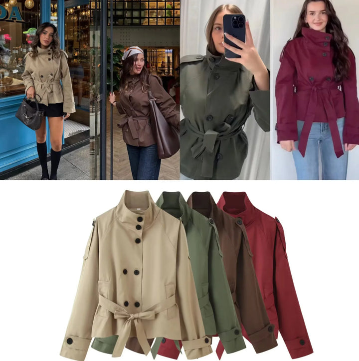 Women's 400+ short fitted trench jacket with stand-up collar, double-breasted button placket and belt Mune Fashion