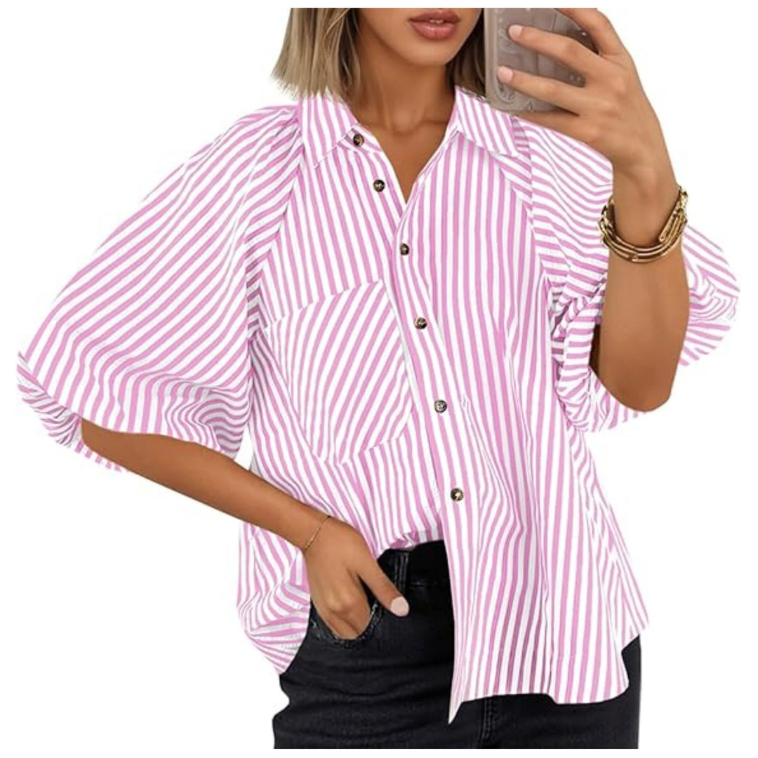 Women Oversize Shirt with Balloon Sleeves and Striped Pattern Mune Fashion