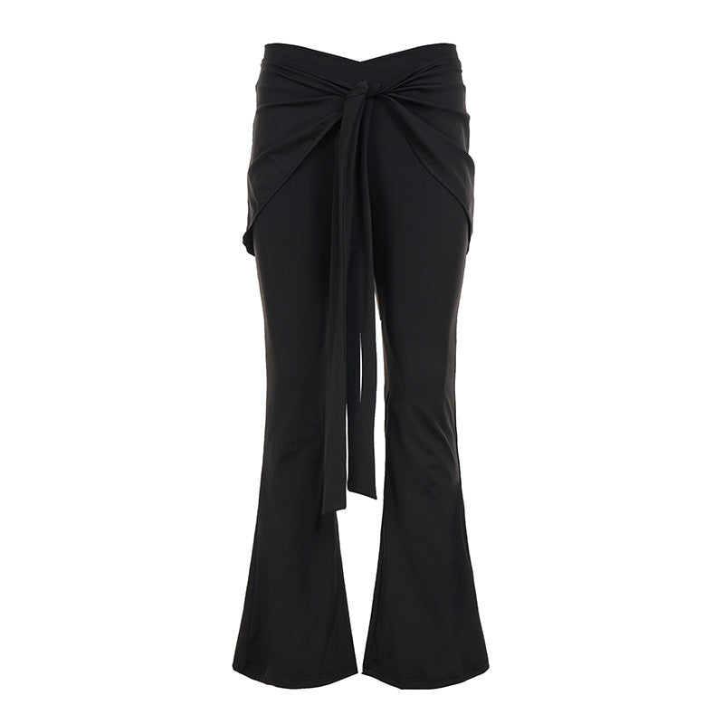 Women's flared palazzo pants with wrap skirt overlay, high waist and tie belt Mune Fashion