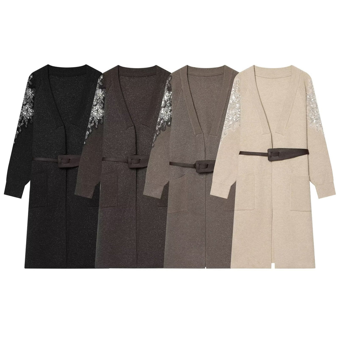 Women's Long Knit Coat-Cardigan with Waist Belt and Sequin Sleeves Mune Fashion