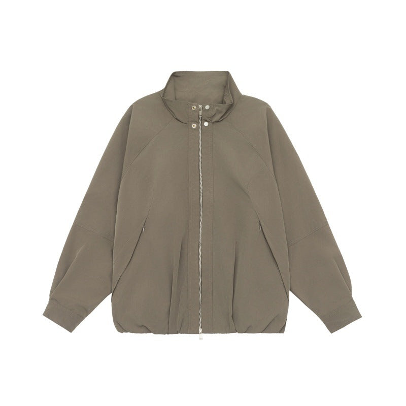Women's Lightweight Raglan Bomber Jacket with Stand Collar and Elastic Hem Mune Fashion