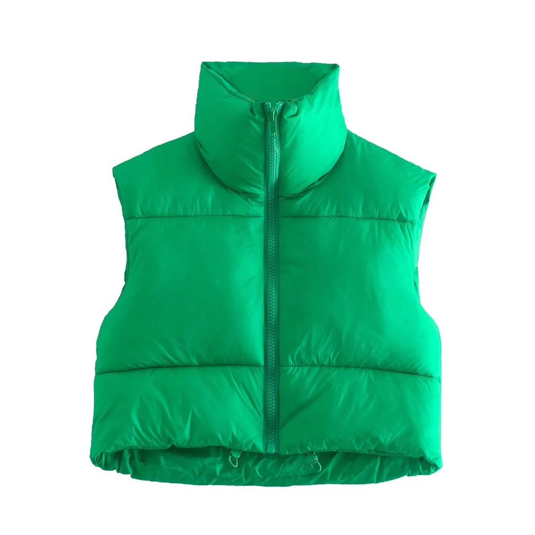 Women short quilted vest with high stand-up collar, lightweight puffer look and adjustable hem Mune Fashion