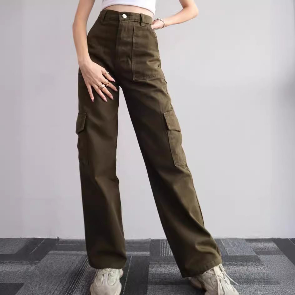 Women's High-Waist Cargo Pants made of Twill with Flap Pockets and Wide Leg Mune Fashion