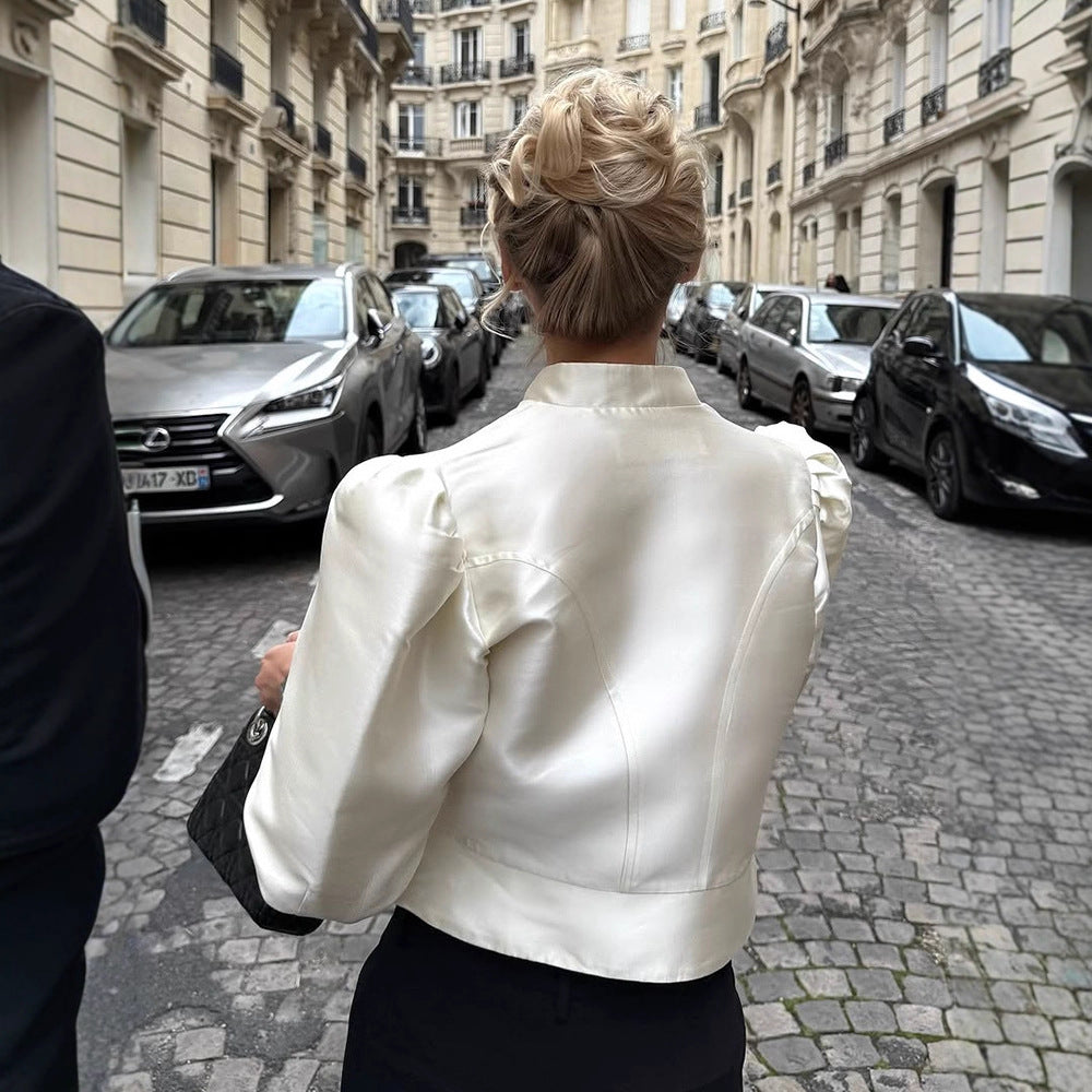 Women Tailored Satin Bolero Jacket with Stand-up Collar & Emphasized Puff Sleeves Mune Fashion