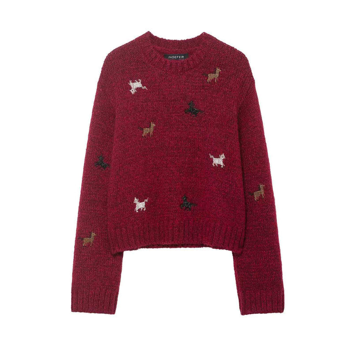 Women’s short-cut chunky knit sweater with dog motif, round neckline and elastic ribbed hem Mune Fashion