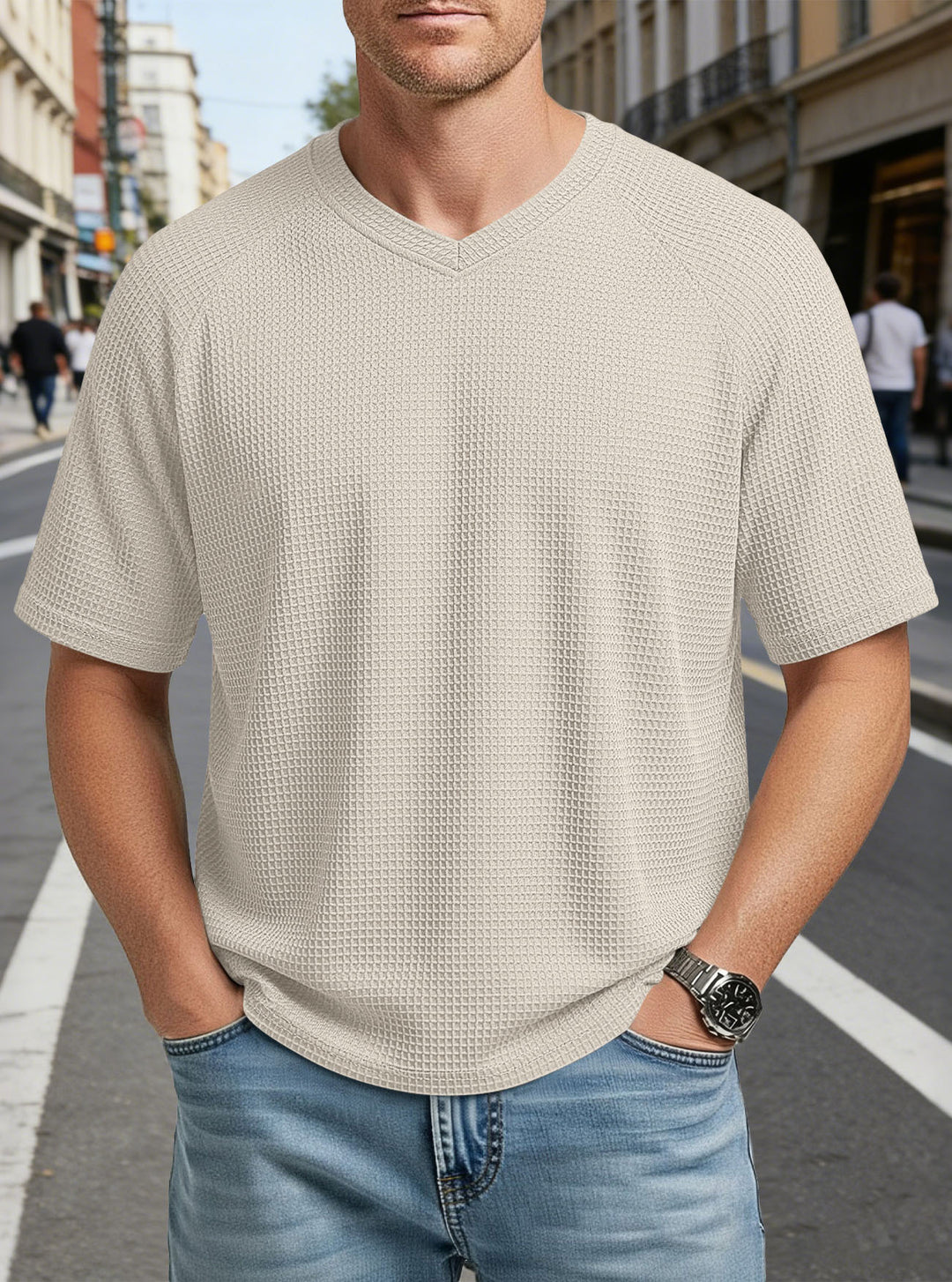 Men's casual V-neck waffle knit T-shirt made of breathable cotton blend Mune Fashion