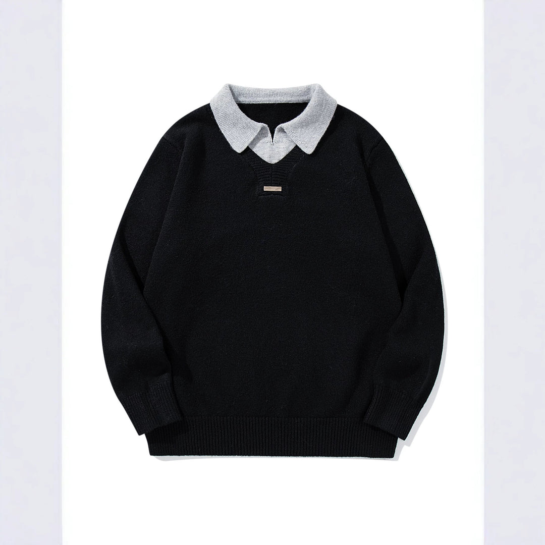 Men's Boxy Knit Sweater with Polo Collar and V-Inset Mune Fashion