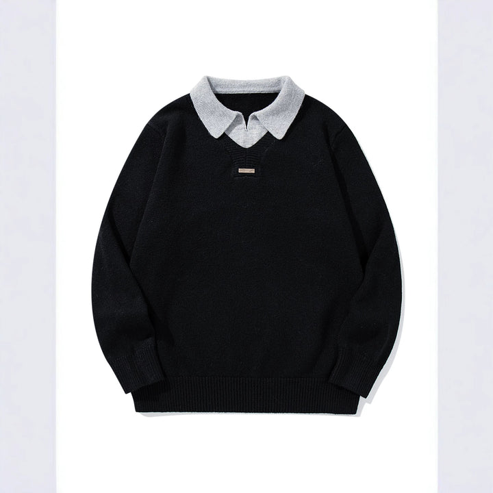 Men's Boxy Knit Sweater with Polo Collar and V-Inset Mune Fashion
