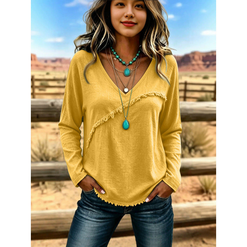 Women's Casual V-Neck Long Sleeve Shirt with Diagonal Fringed Trim and Textured Fabric Mune Fashion