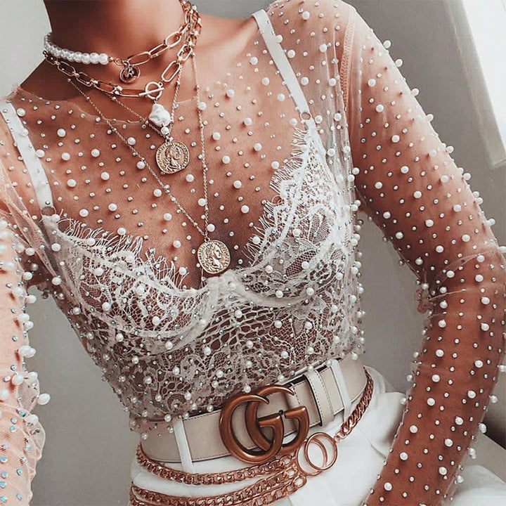 Women's glittering long-sleeve top with rhinestone embellishments Mune Fashion