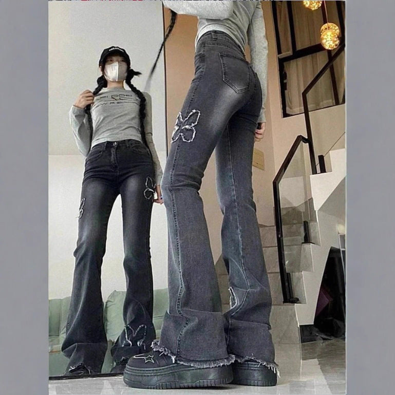 Ladies High-Waisted Flared Jeans with Butterfly Embroidery, Raw Hem and Sculpting Stretch Waistband Mune Fashion